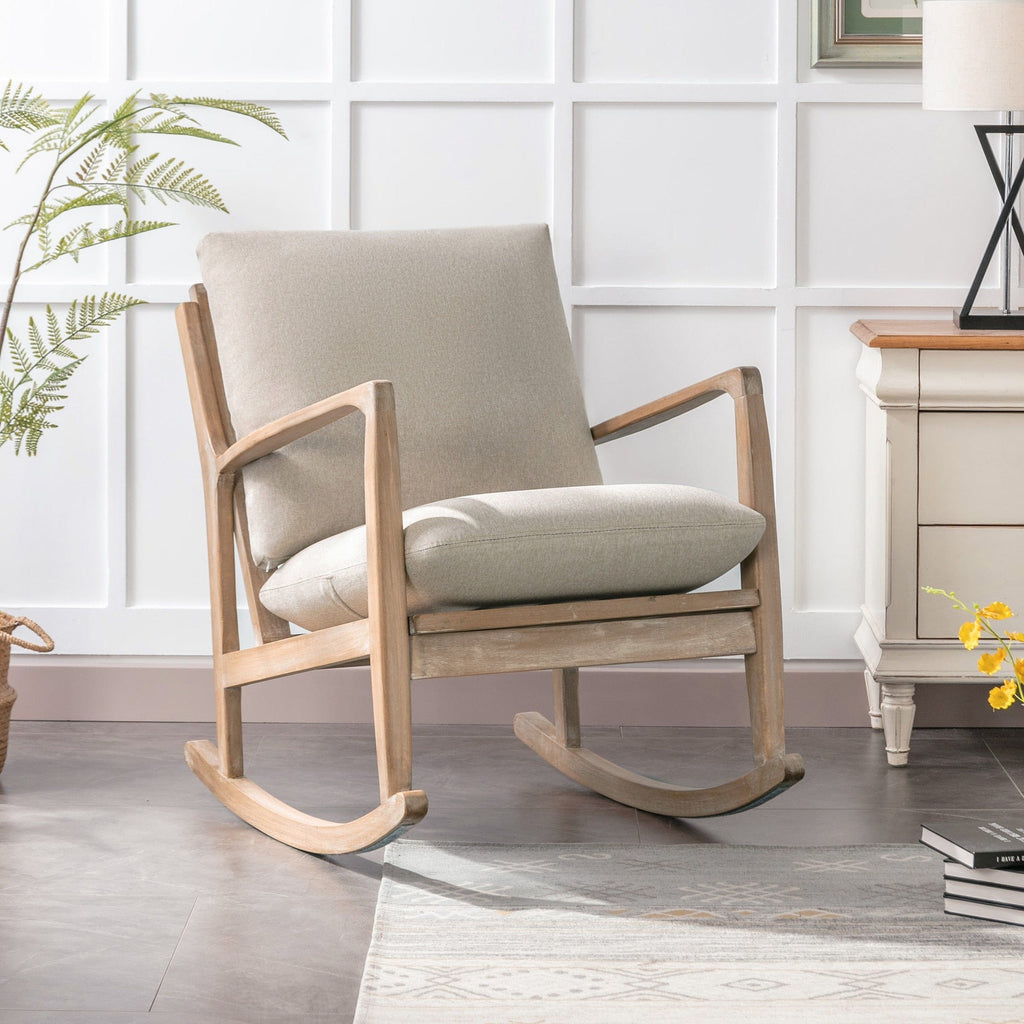 Chair Beige Wood Rocking Chair | Linen and Natural Wood Rocking Chair TipuHome