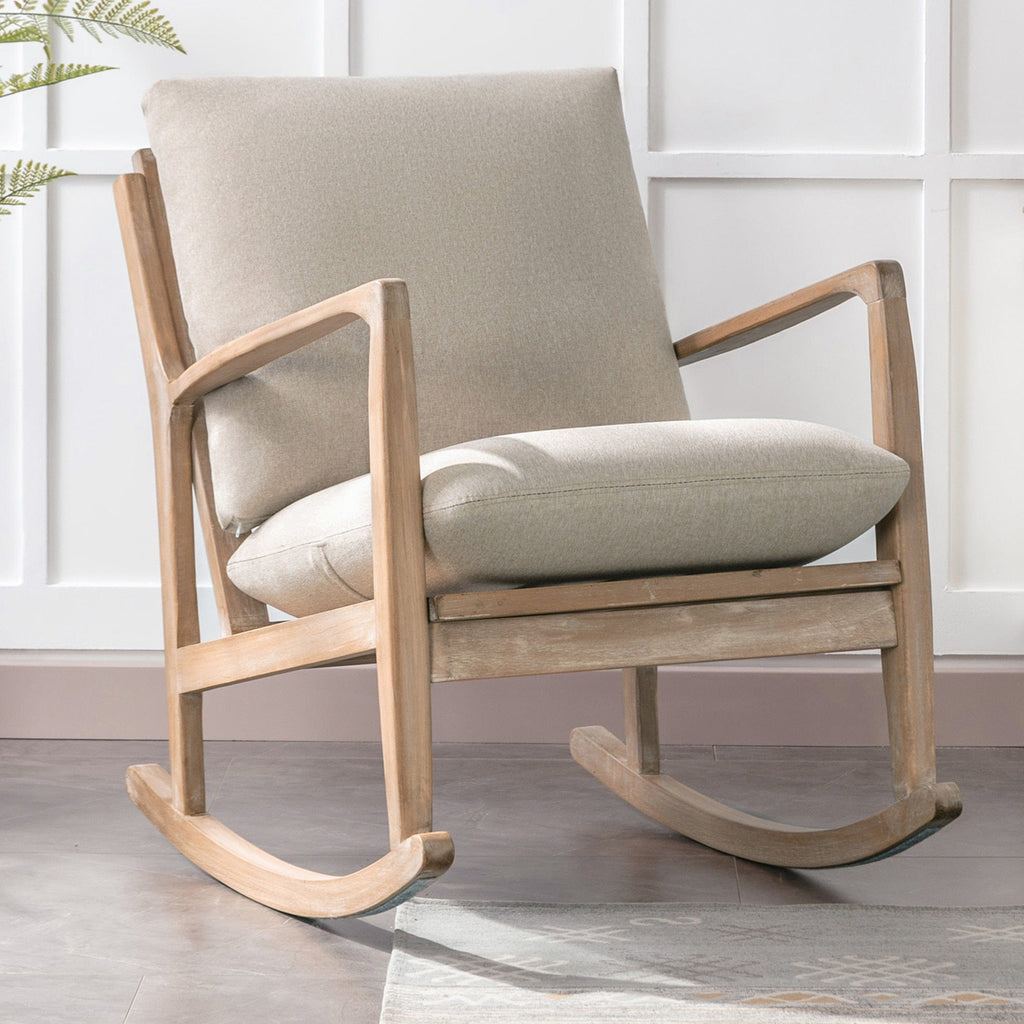 Chair Beige Wood Rocking Chair | Linen and Natural Wood Rocking Chair TipuHome