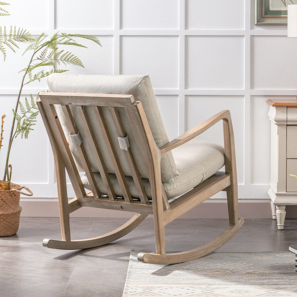 Chair Beige Wood Rocking Chair | Linen and Natural Wood Rocking Chair TipuHome