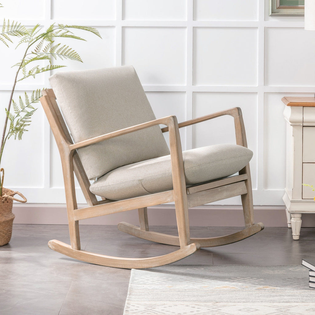 Chair Beige Wood Rocking Chair | Linen and Natural Wood Rocking Chair TipuHome