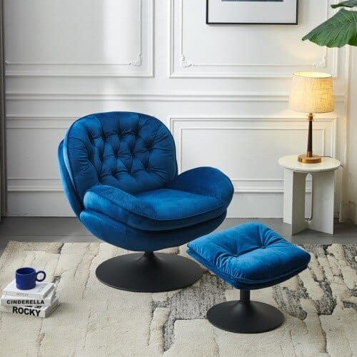 Chair Blue Velvet Swivel Chair and Ottoman | Velvet Reading Chair TipuHome