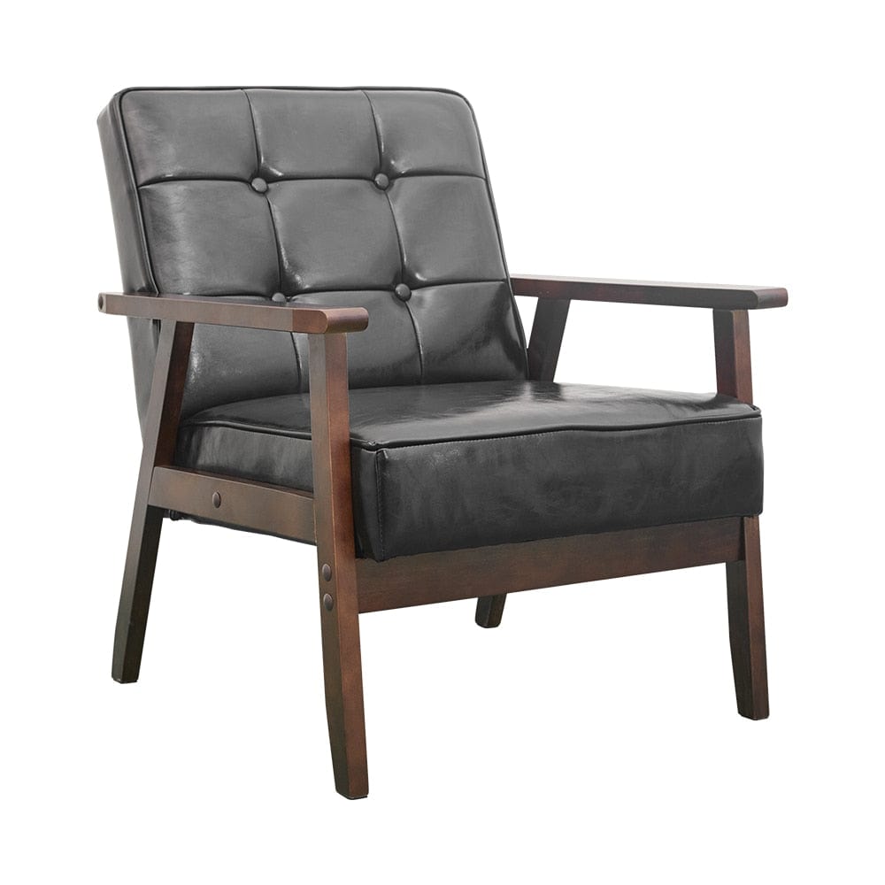 Chair Vegan Leather Black Vegan Leather Comfort Chair | Linen and Wood Armchair TipuHome