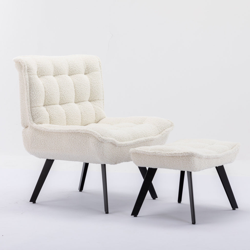 Chair White White Chaise Lounge Chair | Faux Shearling Accent Chair and Ottoman TipuHome