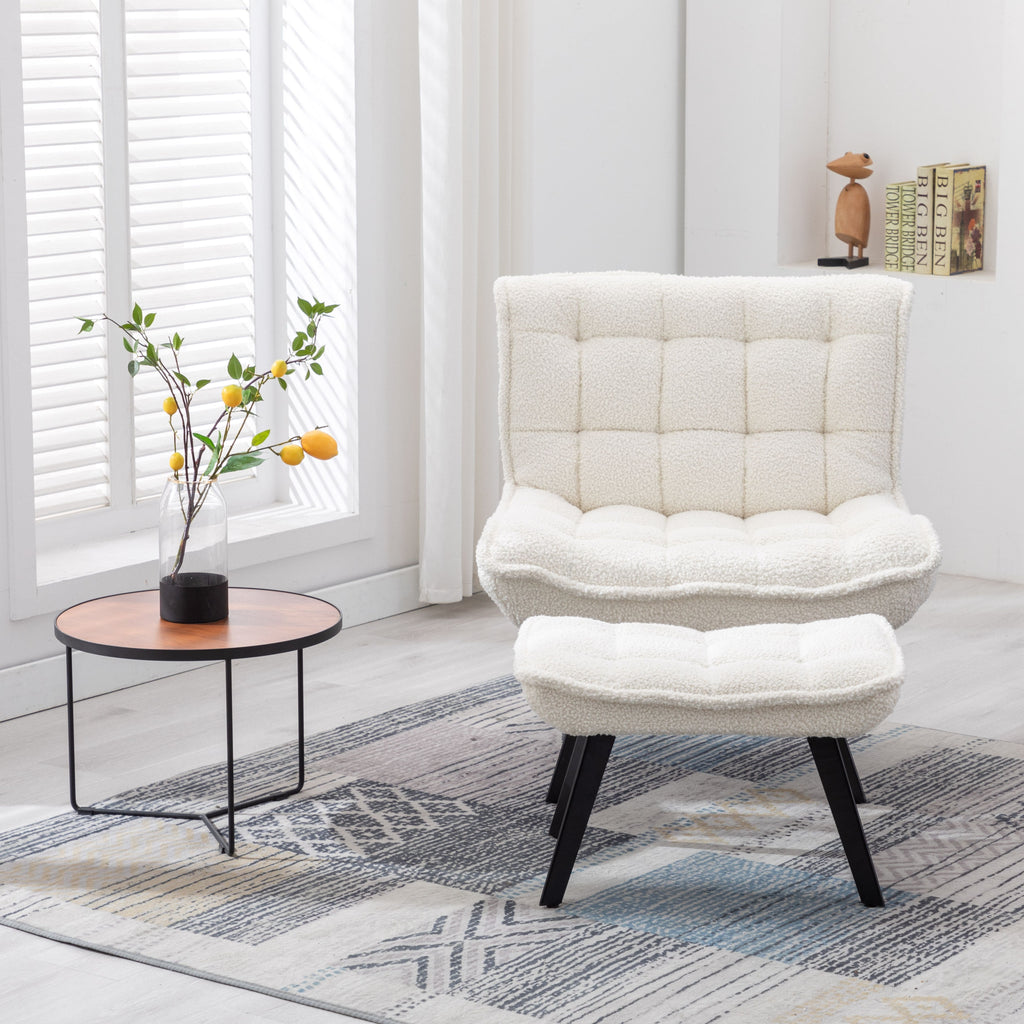 Chair White White Chaise Lounge Chair | Faux Shearling Accent Chair and Ottoman TipuHome