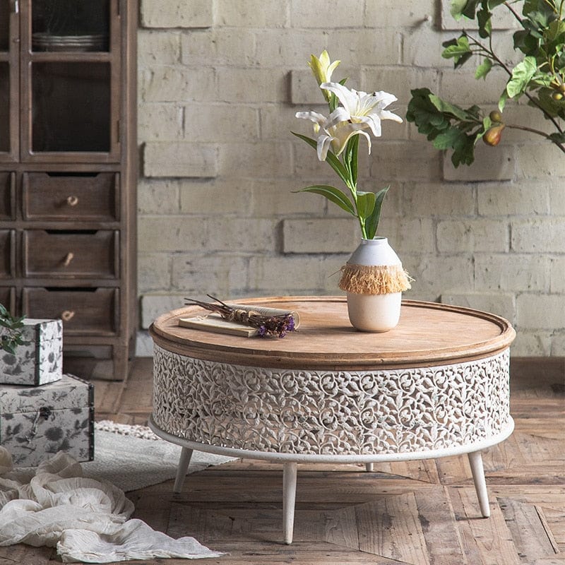 Tables Floral Coffee Table Modern Round Wood Retro Coffee Table | Wood Carved Side Tables TipuHome